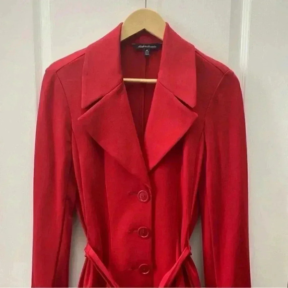 Vintage Le Chateau Trench Coat Red Ponte Knit Duster Blazer Belted Y2K Small - Picture 6 of 16